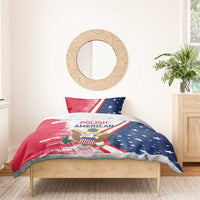 Red and blue bedding set with Polish American eagle graphic on comforter and pillow