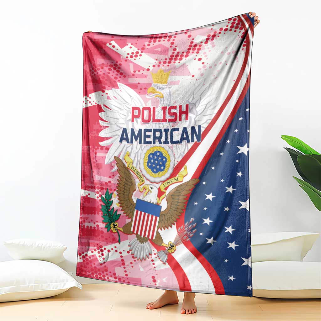 Red, white and blue eagle graphic blanket with Polish American emblem, draped over floor