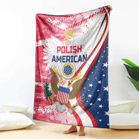 Red, white and blue eagle graphic blanket with Polish American emblem, draped over floor