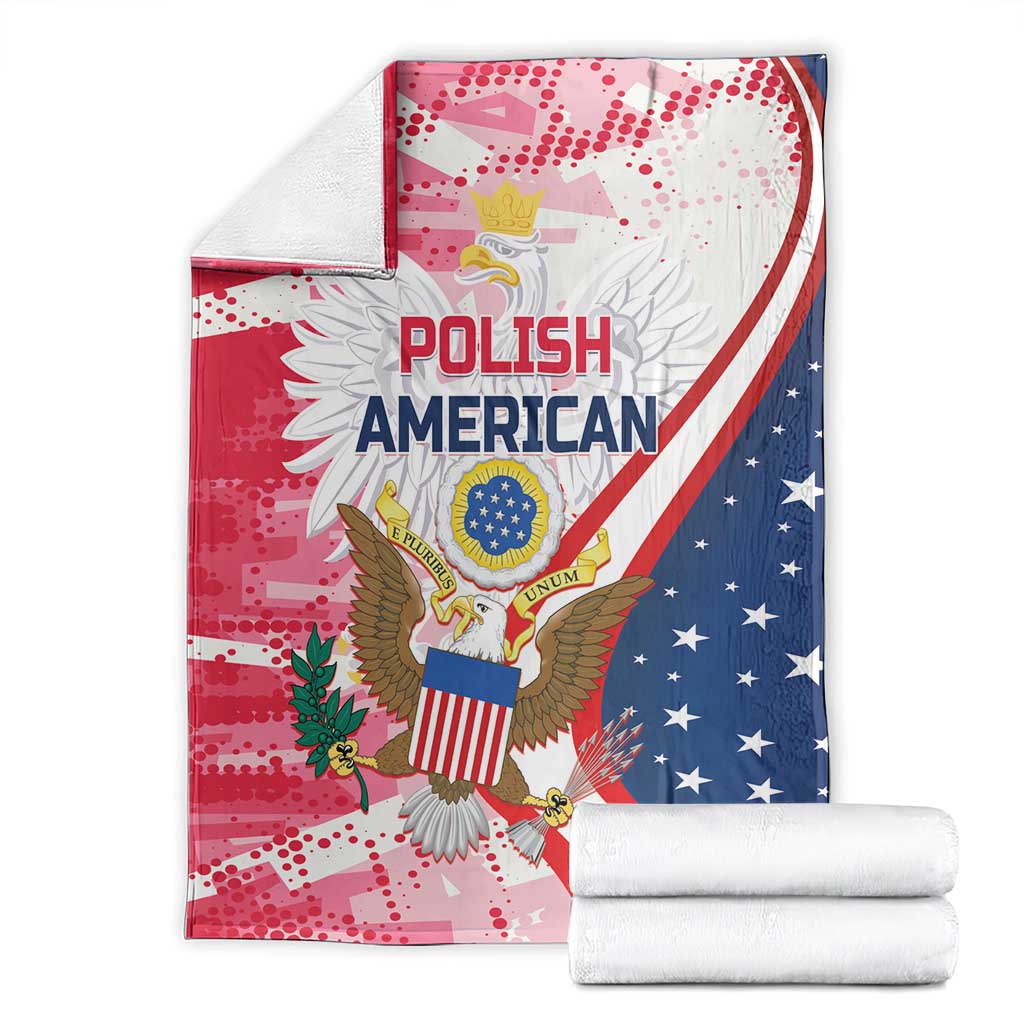 Folded red, white and blue Polish American eagle blanket with emblem, stacked with rolls