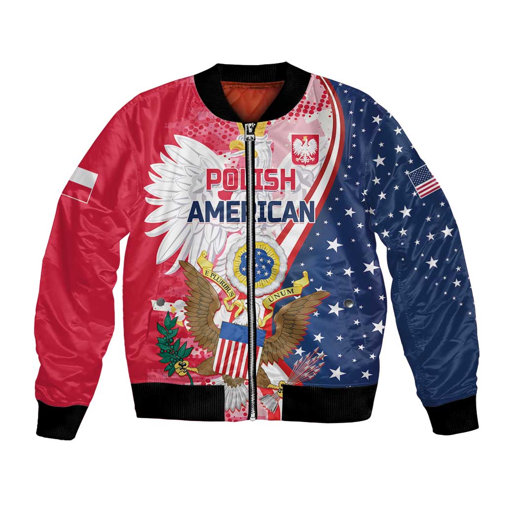 Zip-up red and navy bomber jacket with Polish American eagle patch and black ribbed trim