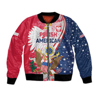 Zip-up red and navy bomber jacket with Polish American eagle patch and black ribbed trim