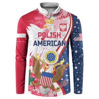 Red and navy button sweatshirt with bold Polish American eagle graphic and crest