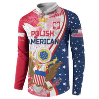 Red and navy button sweatshirt front view with eagle graphic, crest, and Polish American text