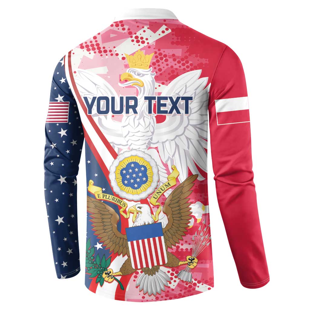 Red and navy button sweatshirt, back view, large eagle artwork and YOUR TEXT