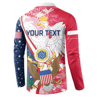 Red and navy button sweatshirt, back view, large eagle artwork and YOUR TEXT