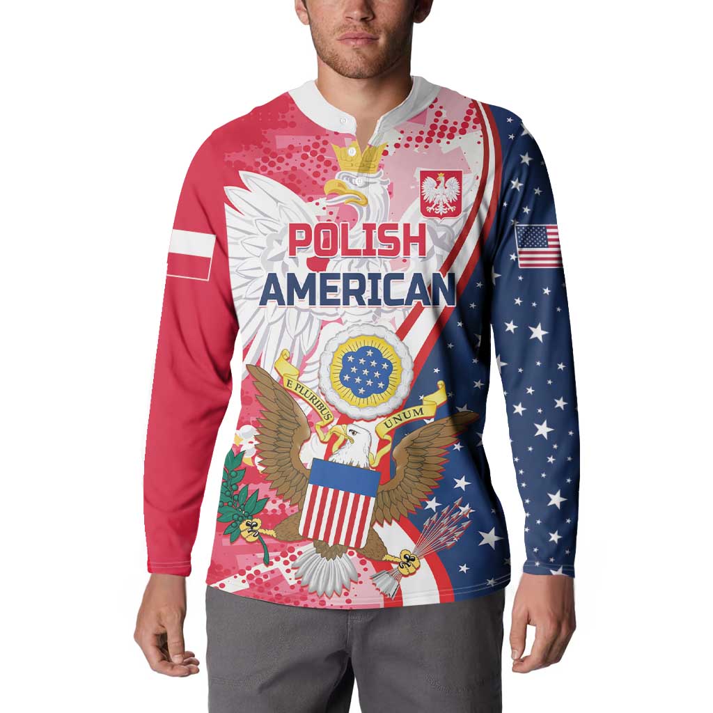 Red and navy button sweatshirt with large eagle graphic and Polish American text