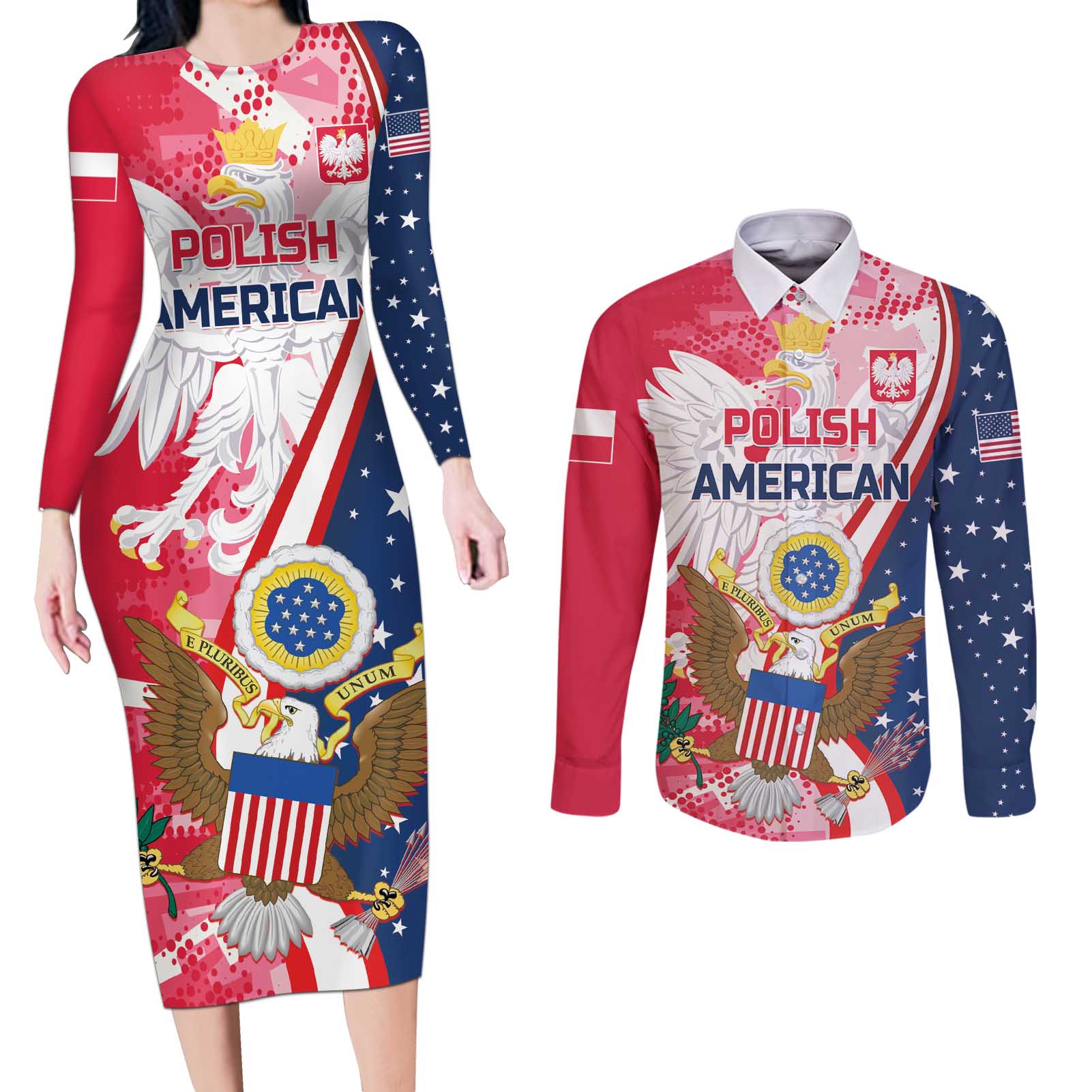 Personalized Polish-American Heritage Month Couples Matching Long Sleeve Bodycon Dress and Long Sleeve Button Shirt Eagle Curve Style - Wonder Print Shop