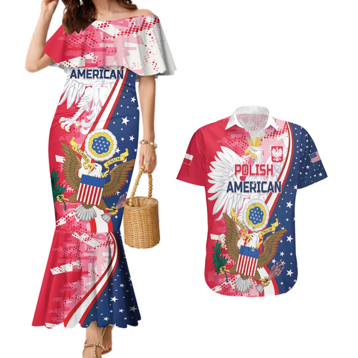 Personalized Polish-American Heritage Month Couples Matching Mermaid Dress and Hawaiian Shirt Eagle Curve Style - Wonder Print Shop