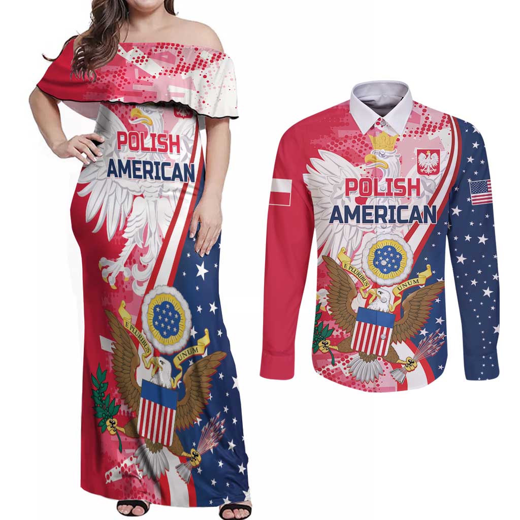 Personalized Polish-American Heritage Month Couples Matching Off Shoulder Maxi Dress and Long Sleeve Button Shirt Eagle Curve Style - Wonder Print Shop