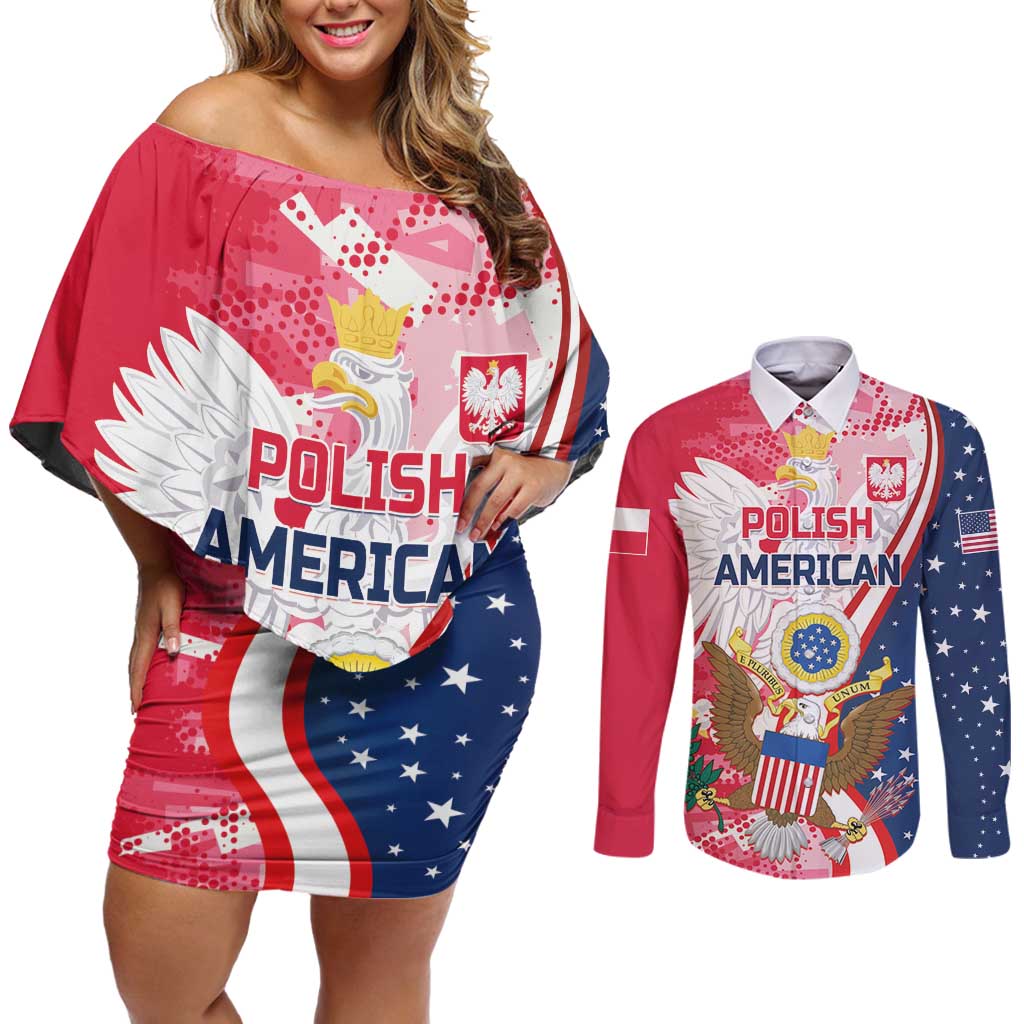 Personalized Polish-American Heritage Month Couples Matching Off Shoulder Short Dress and Long Sleeve Button Shirt Eagle Curve Style - Wonder Print Shop