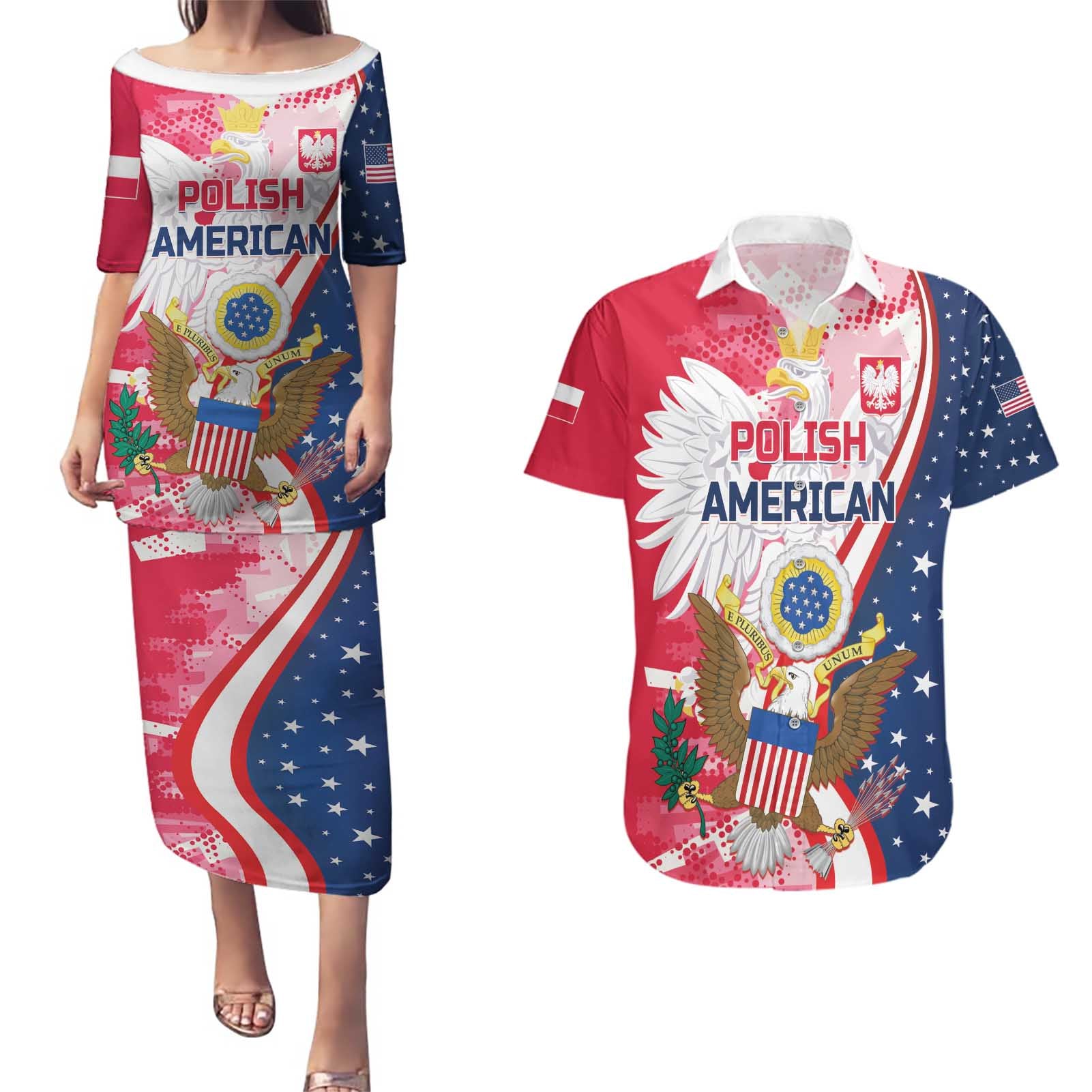 Personalized Polish-American Heritage Month Couples Matching Puletasi and Hawaiian Shirt Eagle Curve Style - Wonder Print Shop