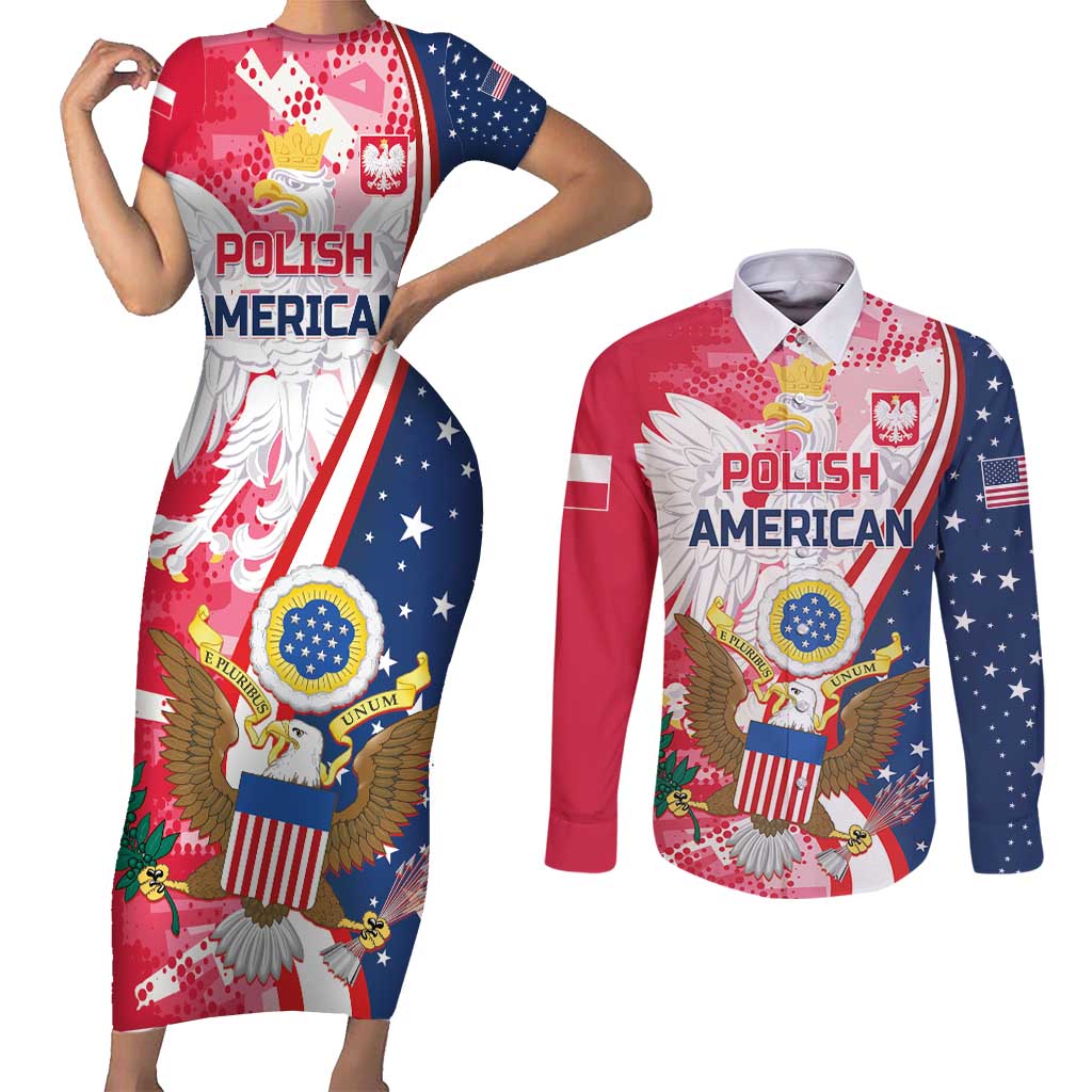 Personalized Polish-American Heritage Month Couples Matching Short Sleeve Bodycon Dress and Long Sleeve Button Shirt Eagle Curve Style - Wonder Print Shop