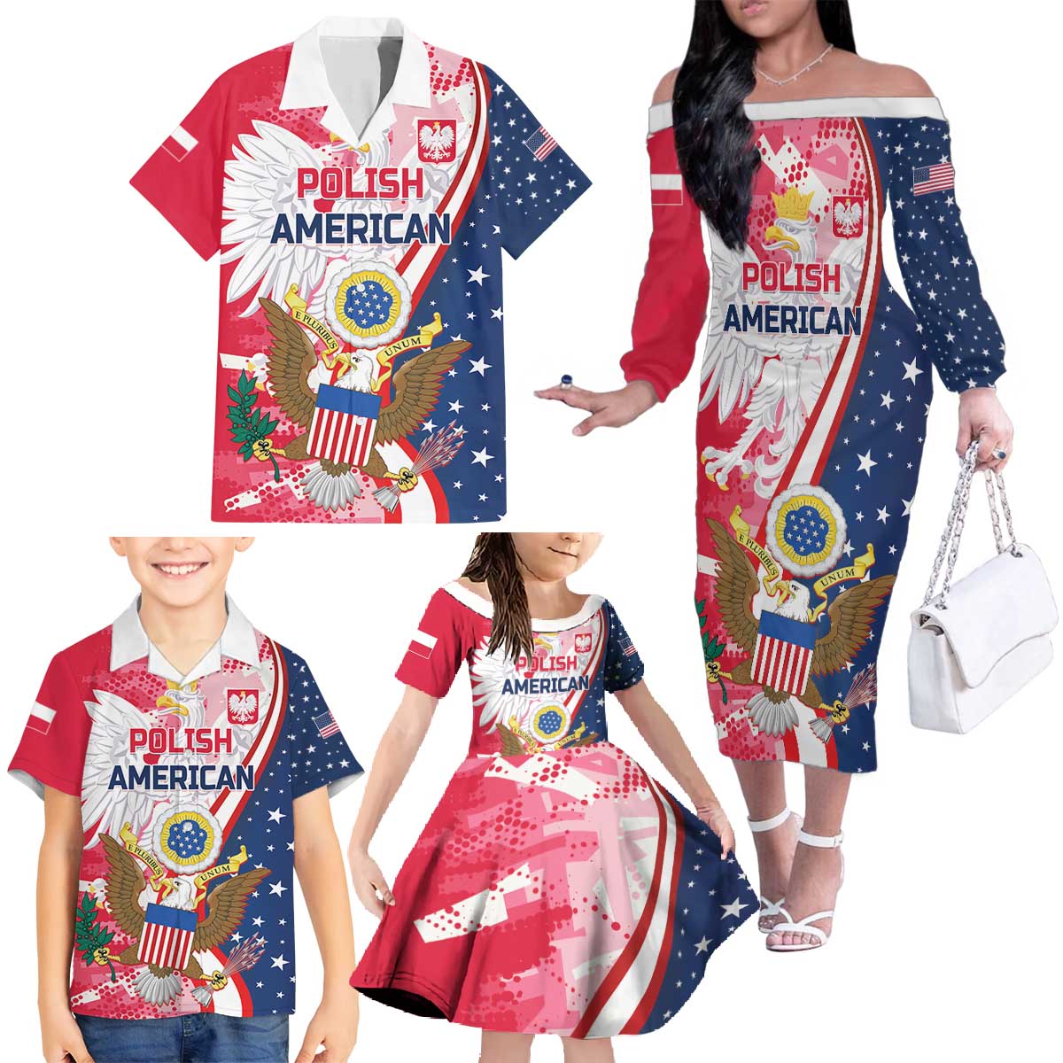 Personalized Polish-American Heritage Month Family Matching Off The Shoulder Long Sleeve Dress and Hawaiian Shirt Eagle Curve Style - Wonder Print Shop