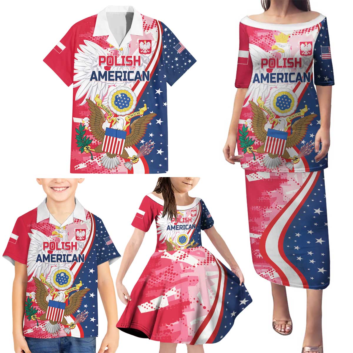 Personalized Polish-American Heritage Month Family Matching Puletasi and Hawaiian Shirt Eagle Curve Style - Wonder Print Shop