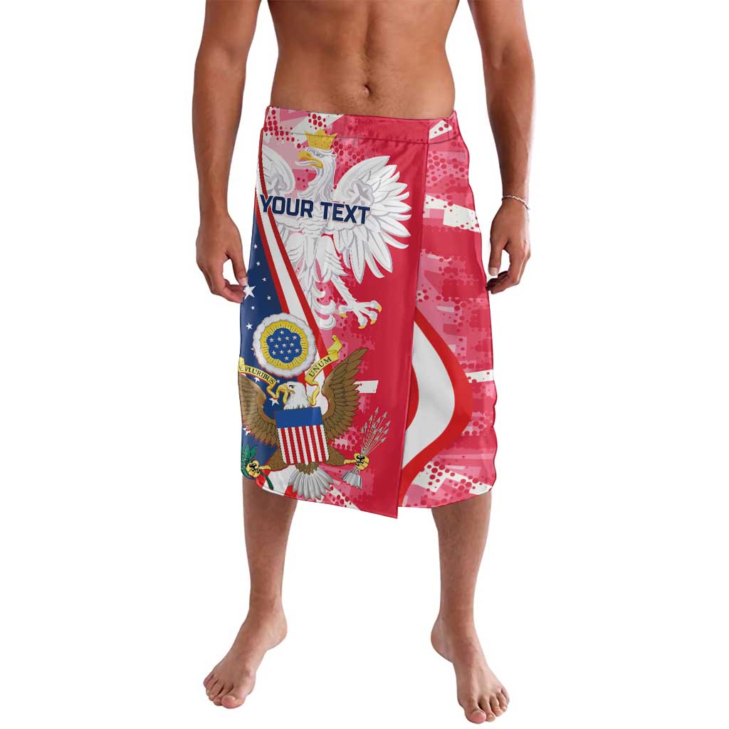 Red wrap-style lavalava with eagle-and-flag print and customizable text panel