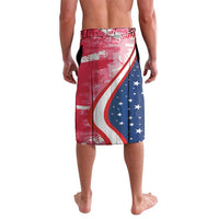 Red wrap-style lavalava with curved flag graphics and eagle motif