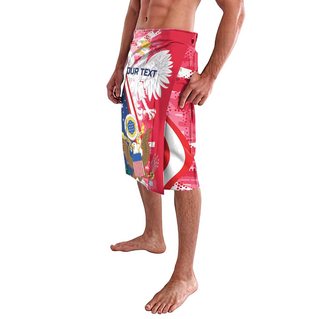 Red wrap-style lavalava with eagle-and-flag print, waistband, side view