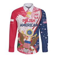Red long-sleeve button shirt with eagle crest and Polish American graphic, unisex fit