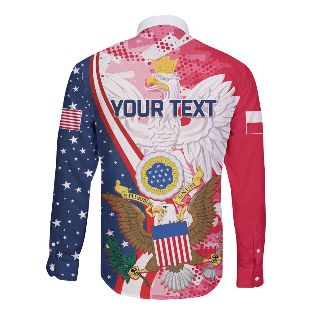 Red long-sleeve button shirt with white eagle and 'YOUR TEXT' print on back