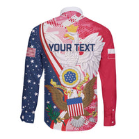 Red long-sleeve button shirt with white eagle and 'YOUR TEXT' print on back
