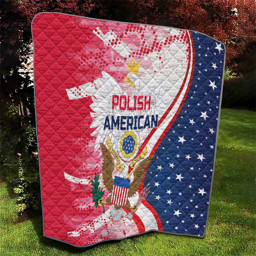 Polish-American heritage quilt, quilted red-and-blue design with stars, eagle graphic, and “POLISH AMERICAN”
