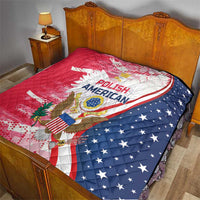 Polish-American heritage quilt laid out on bed, red-and-blue with stars, eagle graphic and “POLISH AMERICAN”