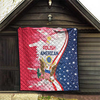 Polish-American heritage quilt displayed on porch, red-and-blue star field with eagle graphic and “POLISH AMERICAN”