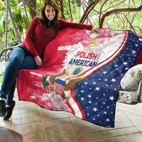 Polish-American heritage quilt draped outdoors, red-and-blue stars with eagle graphic and “POLISH AMERICAN”