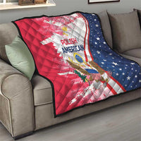 Polish-American heritage quilt on sofa, red-and-blue quilted stars with eagle graphic and “POLISH AMERICAN”