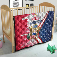Polish-American heritage quilt on crib, red-and-blue star pattern with eagle graphic and “POLISH AMERICAN”