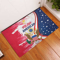Red and blue rubber doormat with Polish American eagle graphic and stars