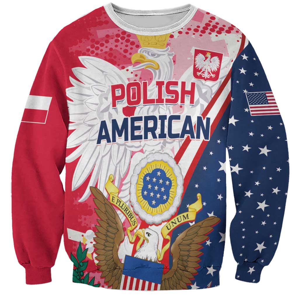 Red unisex sweatshirt with Polish American eagle graphic, white trim, flag sleeves