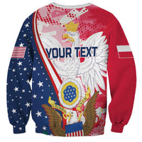 Red unisex sweatshirt with eagle crest, stars-and-stripes sleeve, 'YOUR TEXT' front
