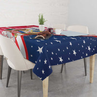 Red, white and blue tablecloth with eagle motif and blue star pattern