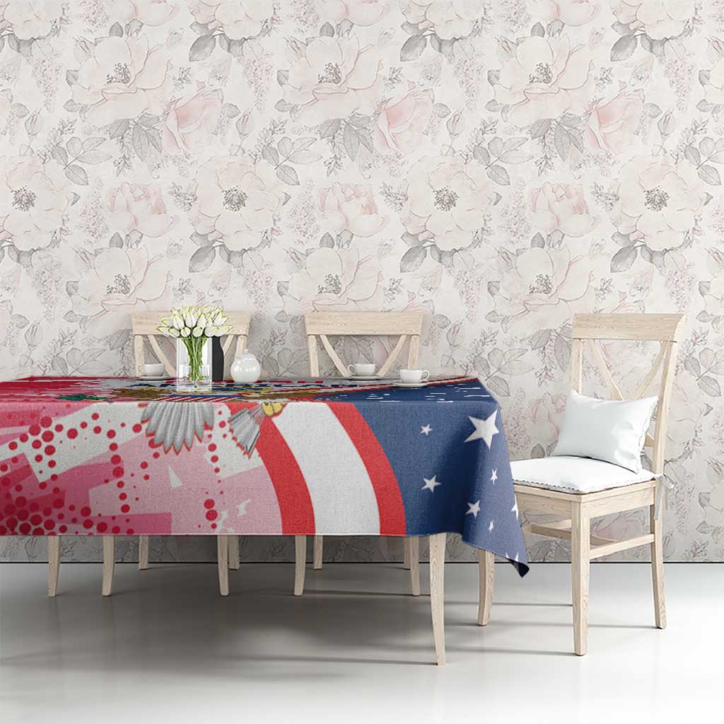 Patriotic tablecloth featuring eagle wing design, red dots, white stripes, and blue stars