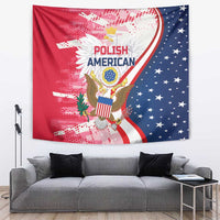 Polish American eagle wall tapestry with red left field, blue stars, and curved stripes.