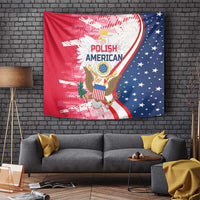 Red, white and blue Polish American eagle tapestry with curved stripes and stars.