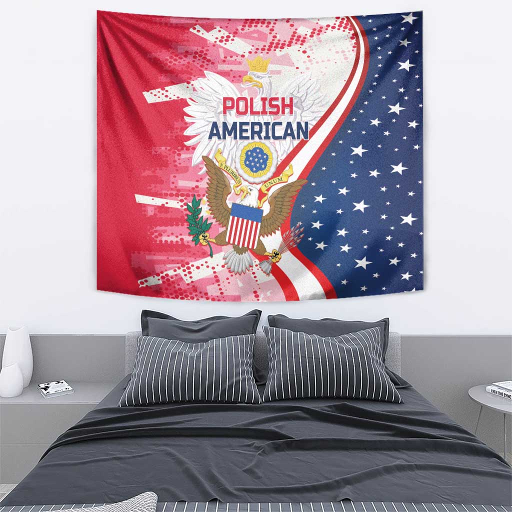 Polish American eagle tapestry, red left and blue star right panel with curved border.