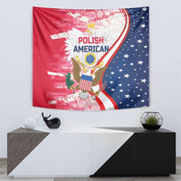Red and blue Polish American eagle wall tapestry with stars and patriotic curved design.