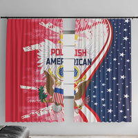Red and blue window curtains side by side, eagle and Polish American text curved design