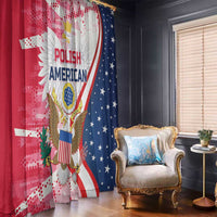 Window curtains with eagle and Polish American text, red panel and blue panel with stars