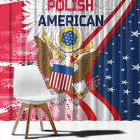 Close-up window curtain print: eagle crest with "Polish American" and curved ribbon