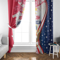 Window curtains with eagle and Polish American text, red/blue curved banner print, hanging pair
