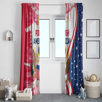 Pair of window curtains with eagle and Polish American text, red and blue curved print