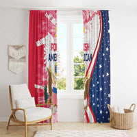 Window curtain pair with eagle and Polish American text, red and blue curved banner style