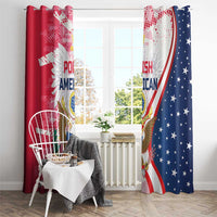 Window curtains with eagle and Polish American text, red and blue panels with curved print