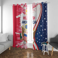 Two window curtains with eagle and Polish American text, red and blue curved banner design