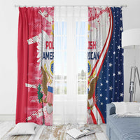 Window curtain pair with eagle and Polish American text, red and blue curved banner print
