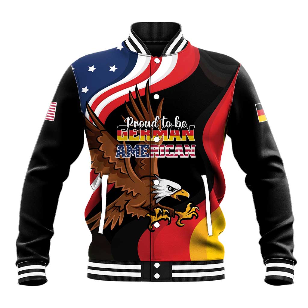 Black baseball jacket with eagle graphic, striped ribbed collar and cuffs